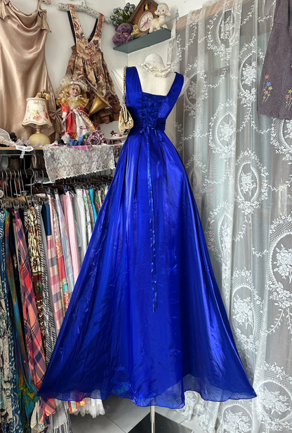 Vintage Royal Blue Shimmer Pleated Satin Sleeveless A-Line Evening Gown TP5858