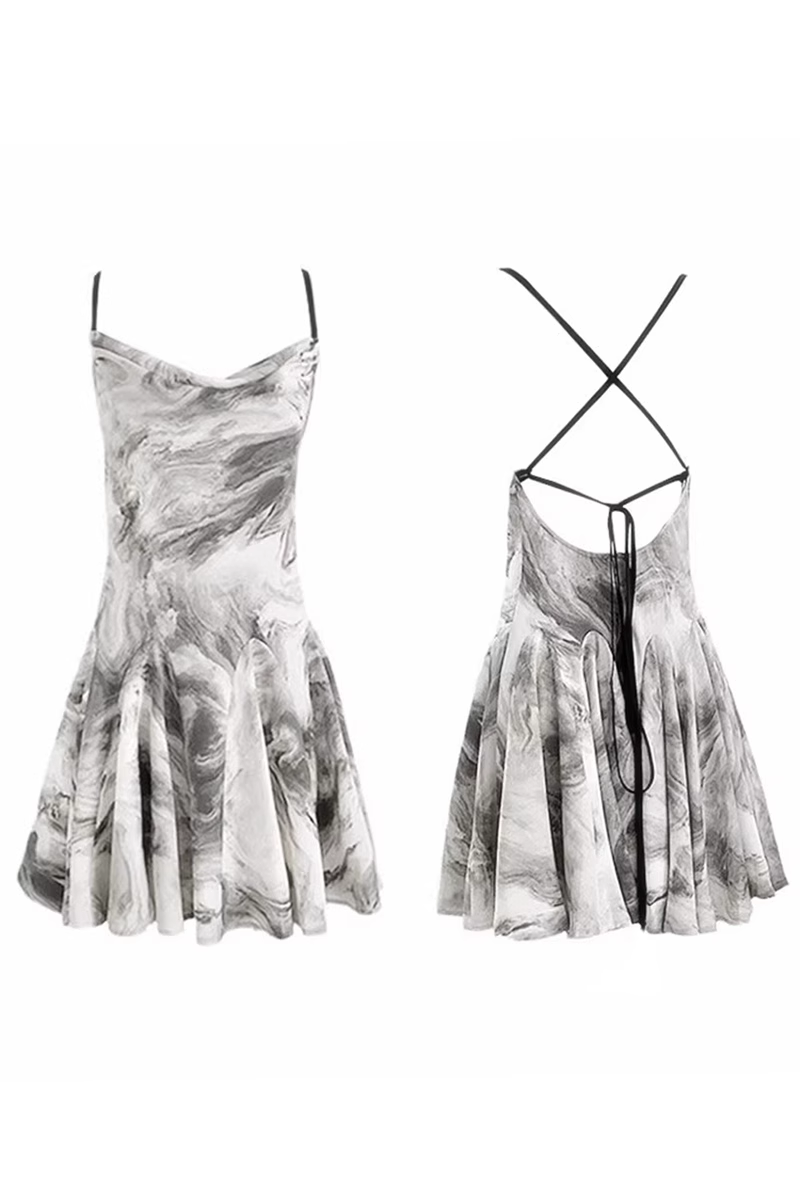 Simple Floral Ink-wash Pattern Design A-line Sleeveless Spaghetti Strap Dress TP3287