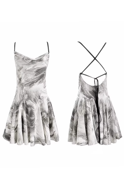 Simple Floral Ink-wash Pattern Design A-line Sleeveless Spaghetti Strap Dress TP3287