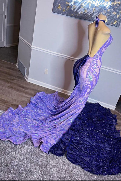 Gorgeous Purple Halter-neck Prom Dress Glittering Beaded Evening Gown Mermaid Party Dress Long Formal Dress TP4864