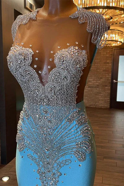 Vintage Glittering Beaded Prom Dress Sky Blue Evening Gown Mermaid Party Dress Long Formal Dress TP4861