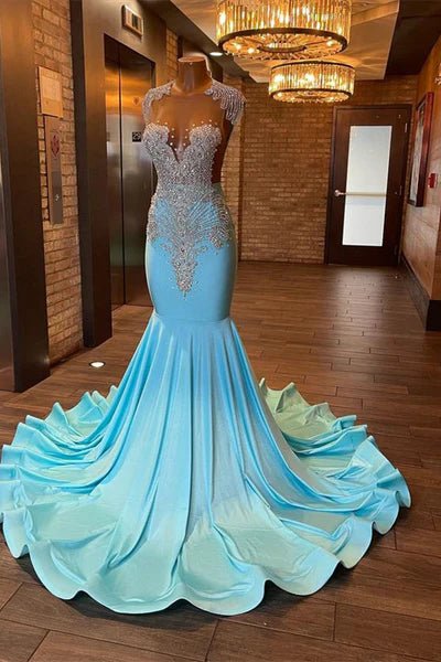 Vintage Glittering Beaded Prom Dress Sky Blue Evening Gown Mermaid Party Dress Long Formal Dress TP4861