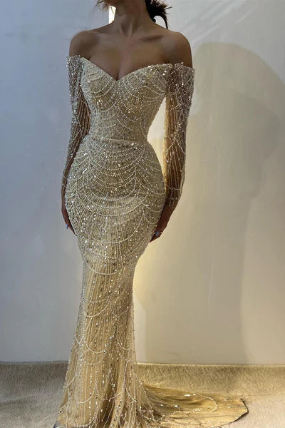 Vintage Champagne Prom Dress Glittering Beaded Sequin Evening Off-the-shoulder Party Dress Long Formal Dress TP4847