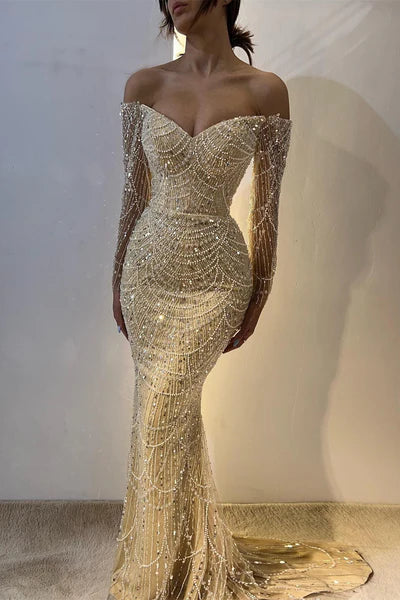 Vintage Champagne Prom Dress Glittering Beaded Sequin Evening Off-the-shoulder Party Dress Long Formal Dress TP4847