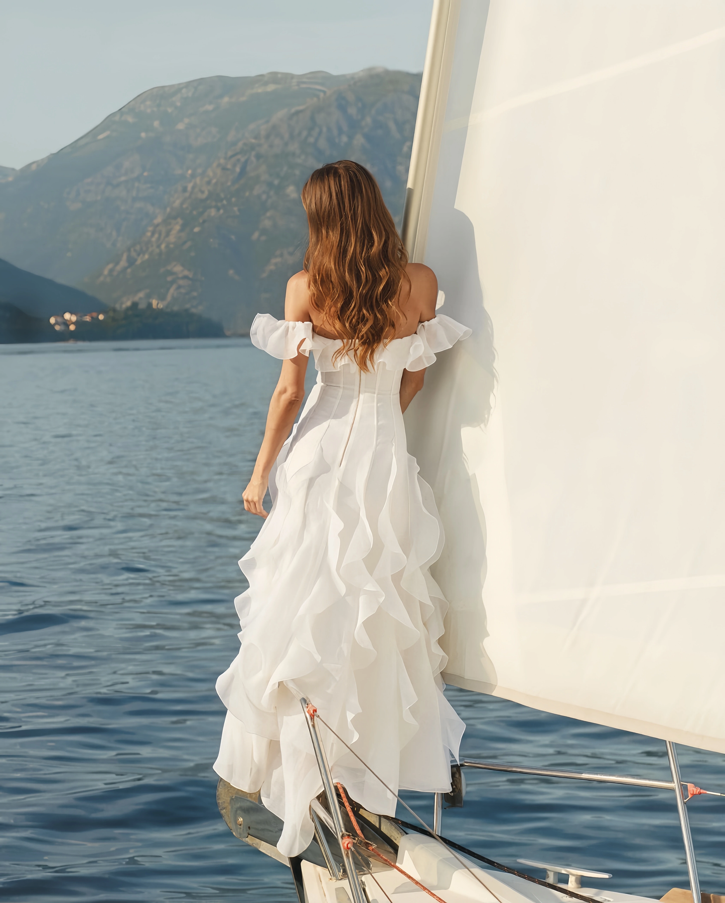Elegant White Ruffles Prom Dress Off-the-shoulder Evening Gown Party Dress Long Formal Dress TP4793