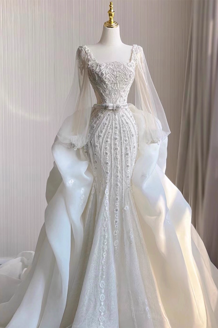 Elegant White Glittering Beaded Mermaid Long Wedding Dress TP5019