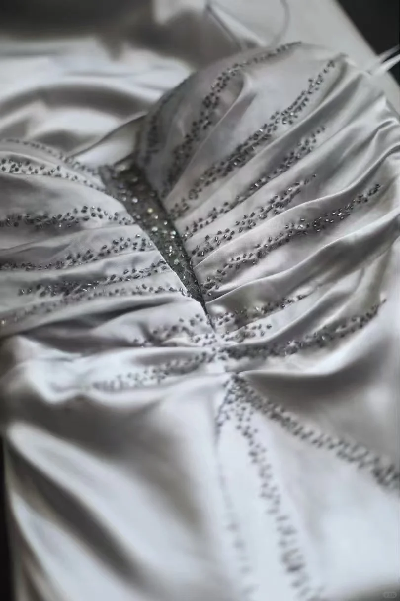 Elegant Spaghetti Strap Grey Mermaid Evening Gown Beaded Ruched Prom Dress TP5640