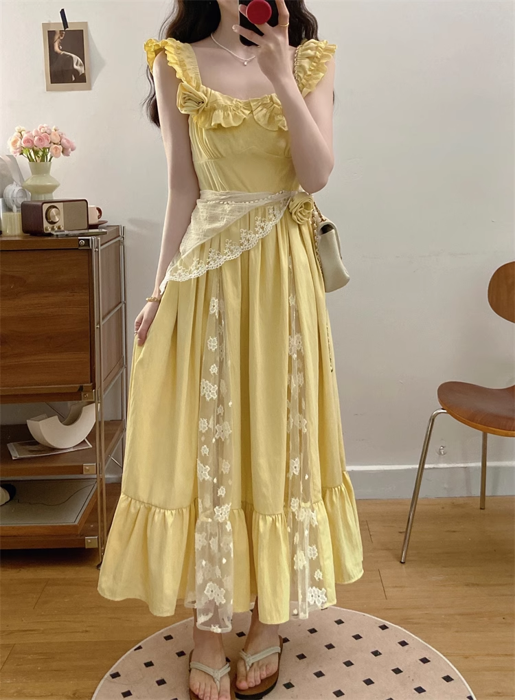 New Simple Fashion Yellow Floral Design A-Line Long Dress TP3043