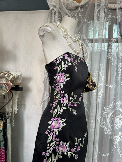 Vintage Black Floral Strapless Design Elegant Sheath Satin Long Evening Dress Prom Dresses TP4201