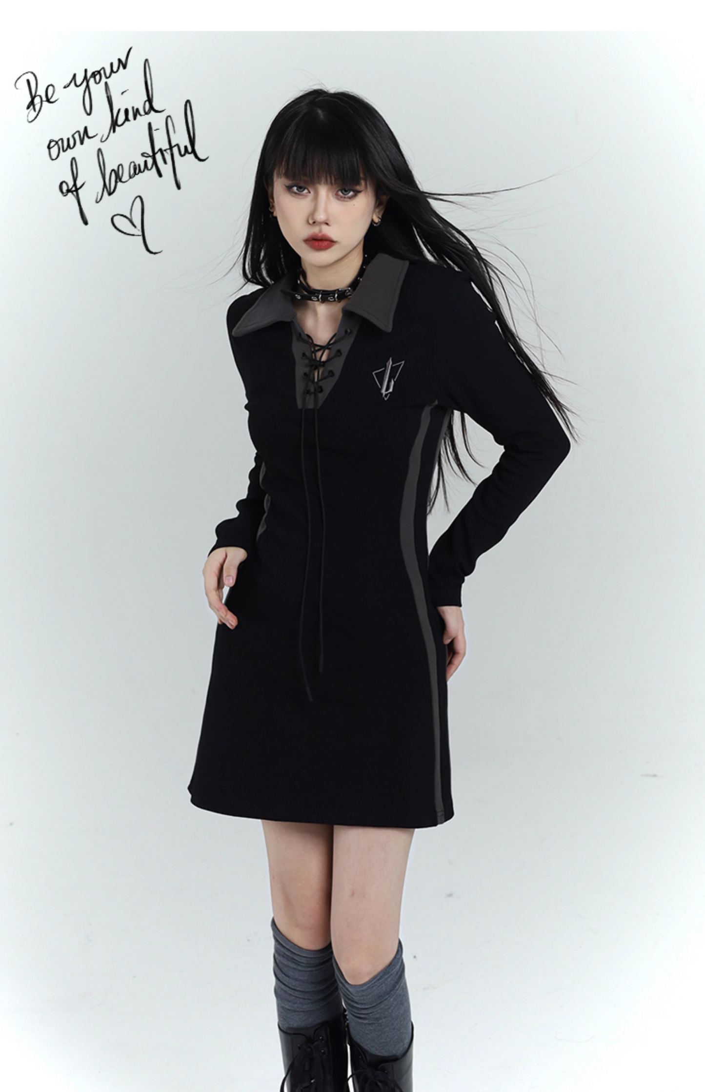 New Fashion Design Sense Short Black Long-sleeved Dress TP2935