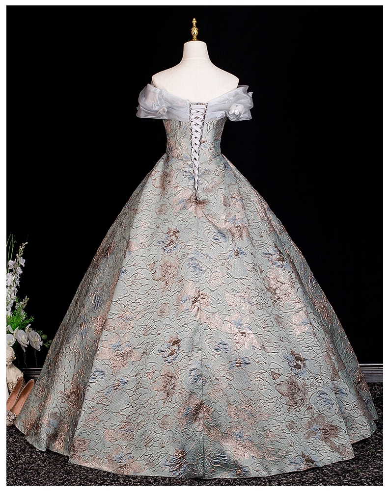 Glamorous Sage Green Floral Brocade Off-Shoulder Sweet 15 Quinceanera Ball Gown TP5503