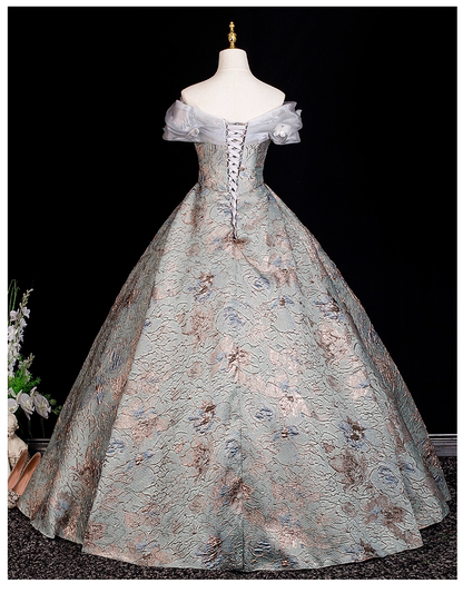 Glamorous Sage Green Floral Brocade Off-Shoulder Sweet 15 Quinceanera Ball Gown TP5503