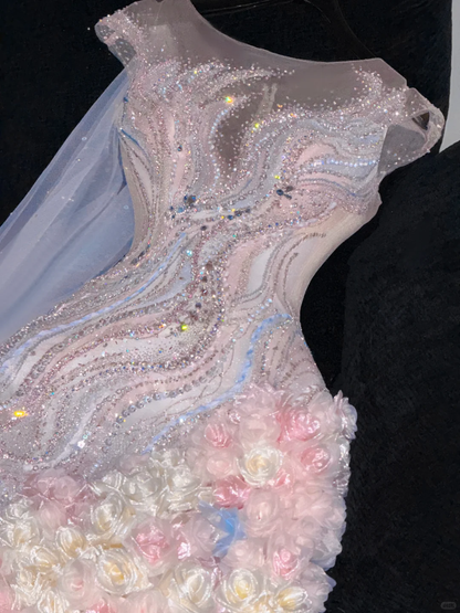 Gorgeous Sparkling Beaded Sequin Mermaid 3D Flowers Design Tulle Evening Dress Prom Dresses TP4159