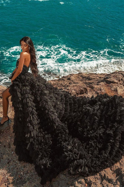Gorgeous Black Strapless Prom Dress Tulle Evening Gown Party Dress Trailing Long Formal Dress TP4869