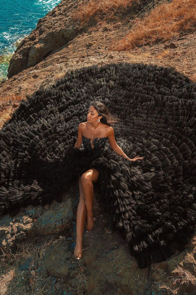 Gorgeous Black Strapless Prom Dress Tulle Evening Gown Party Dress Trailing Long Formal Dress TP4869