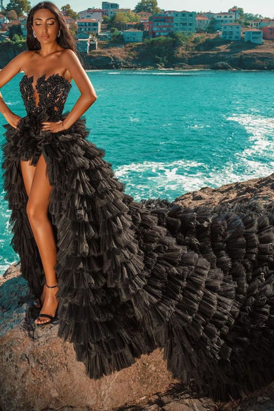 Gorgeous Black Strapless Prom Dress Tulle Evening Gown Party Dress Trailing Long Formal Dress TP4869