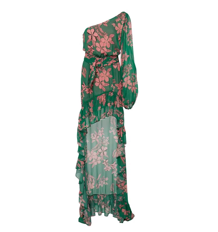 Fashion Green Floral Asymmetric Ruffled Hem Design A-line Party Dress TP3891