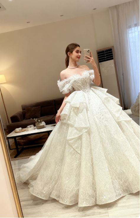 Elegant Off-the-Shoulder Puff Sleeve Sparkling Sequin Lace Ruffled Layered A-Line Wedding Dress TP5956