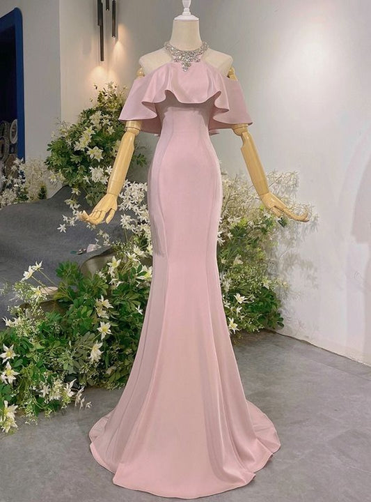 Vintage Pink Satin Mermaid Prom Dress Ruffle Off-the-Shoulder Evening Gown TP5807