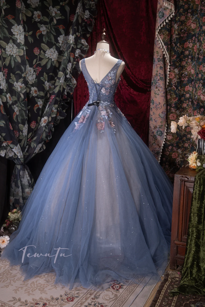 Gorgeous Dusty Blue Sparkly Tulle Sweetheart Neck 3D Floral Appliques Ball Gown TP5794