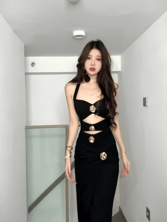 Elegant Black Halter-neck Rose Metal Button Prom Dress Sheath Evening Gown Party Dress Trailing Long Formal Dress TP4845