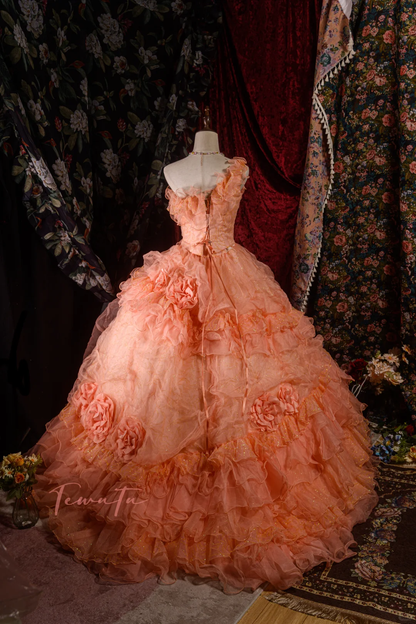 Vintage-Inspired Peach Pink Floral Ruffled Off-Shoulder Ball Gown Tiered Tulle Quinceañera Formal Dress TP5113