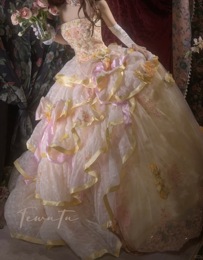 Vintage-Inspired Cream & Pink Tiered Strapless Beaded Floral Appliqués Ball Gown TP5796