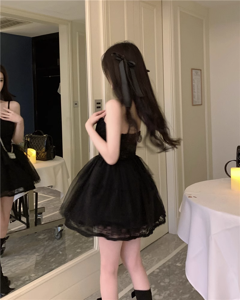 New Fashion Black Design A-line Sleeveless Spaghetti Strap Puffy Dress TP3292