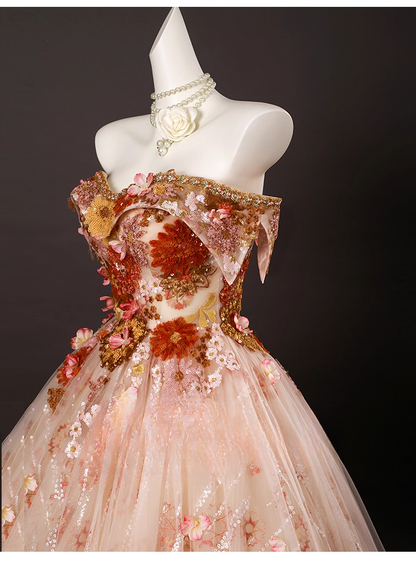 Chic Applique Sweetheart  A-Line 3D Flowers Prom Dress Off-the-shoulder Long Quinceanera Ball Gown TP5214