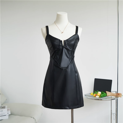 Simple Black Split Dress Design A-line Sleeveless Spaghetti Strap Leather Dress TP3296