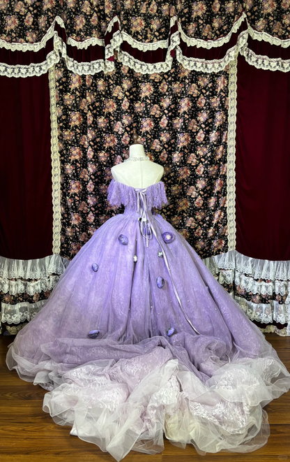Vintage Lavender Off-Shoulder 3D Floral Applique Tulle & Lace Sweet 16 Quinceanera Ball Gown TP5337