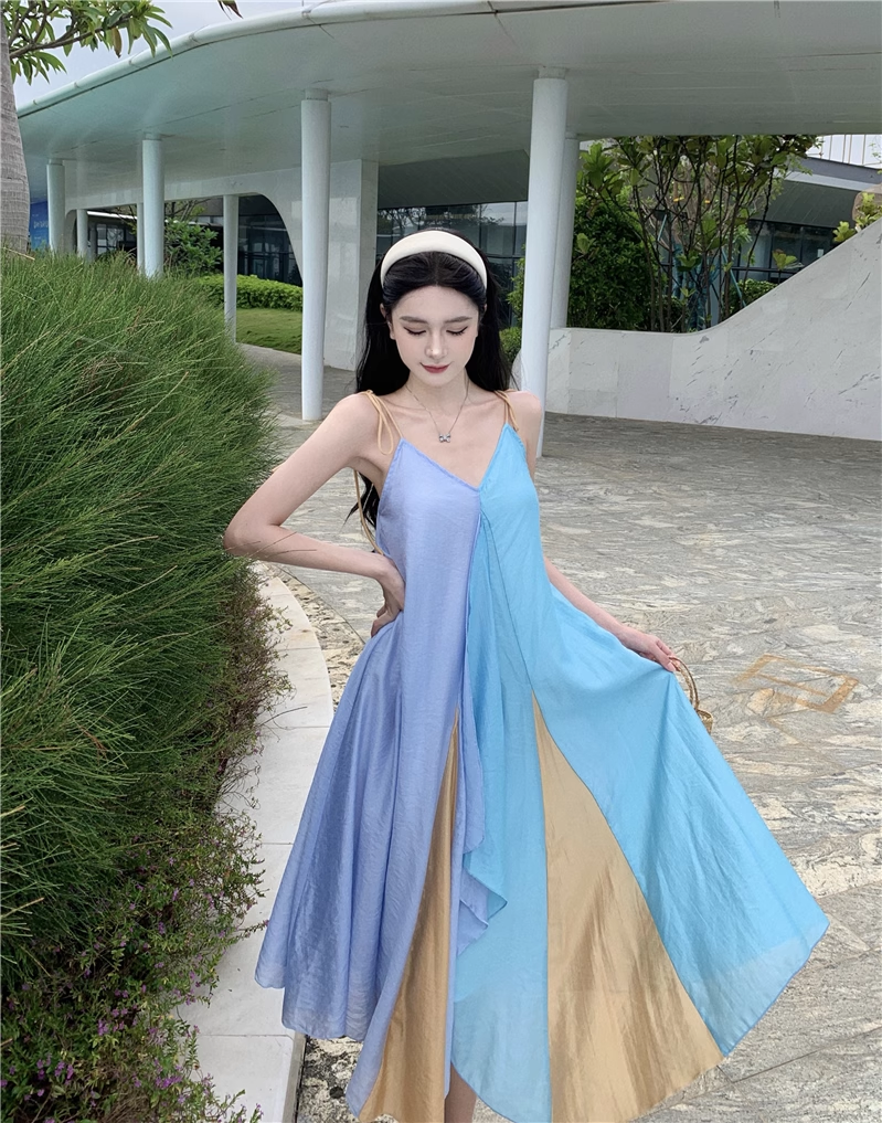 Simple Multi-color Splicing Design A-Line Casual V-neck Spaghetti Strap Dress TP3160