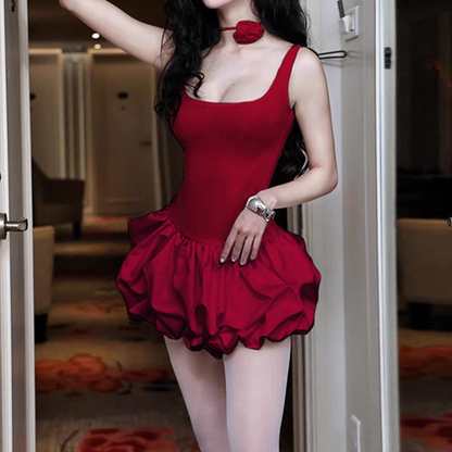 Vintage Burgundy Square-neck A-Line Ruffles Short Summer Dresses Party Dress Homecoming Dress TP4339