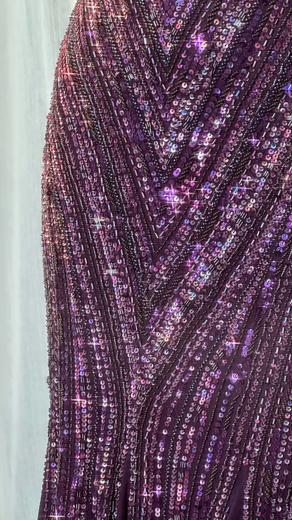Gorgeous Purple Beaded Sequin V-neck Mermaid Elegant Chiffon Evening Dress Prom Dresses TP4144