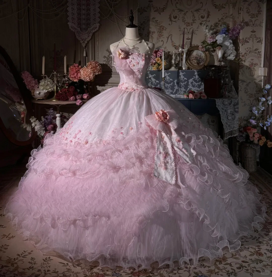 Vintage-Inspired Pink Floral Embellished Tulle Ball Gown Strapless Ruffled Quinceañera Formal Dress TP5116