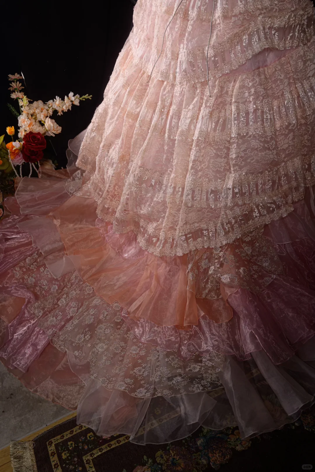 Vintage-Inspired Ruffled Pastel Pink Layered Lace A-Line Strapless Ball Gown TP5109