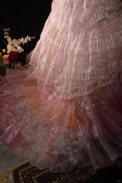 Vintage-Inspired Ruffled Pastel Pink Layered Lace A-Line Strapless Ball Gown TP5109