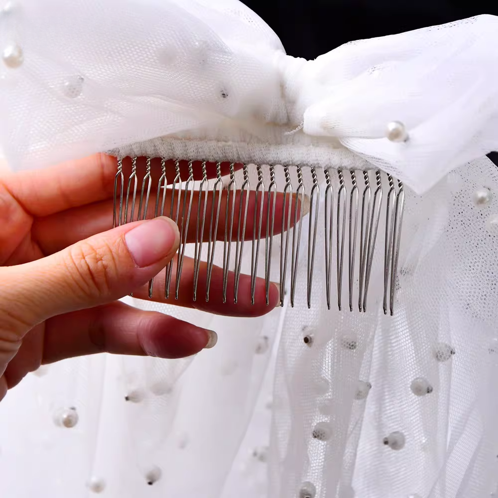 Vintage Ivory Tulle Bridal Veil Large Bow Pearl-Beaded Short-Mid Wedding Veil TP5623