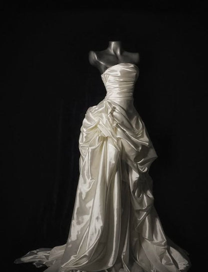 Glamorous Ivory Ruffled Satin Sheath Wedding Dress Bridal Gown TP5259