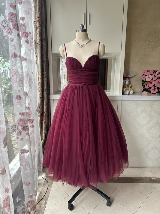 Elegant Burgundy A-Line Evening Gown Sweetheart Spaghetti Strap Party Dress Tulle Long Formal Dress TP4930