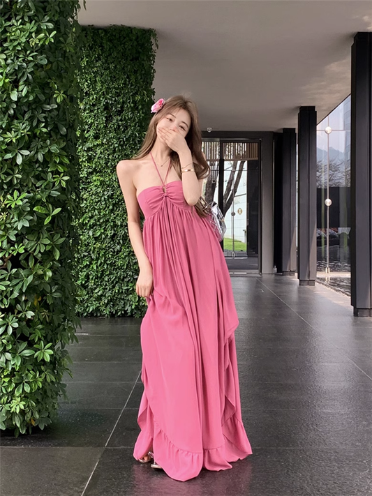 New Fashion Rose Pink Loose-fitting Design A-line Halter Dress TP3432