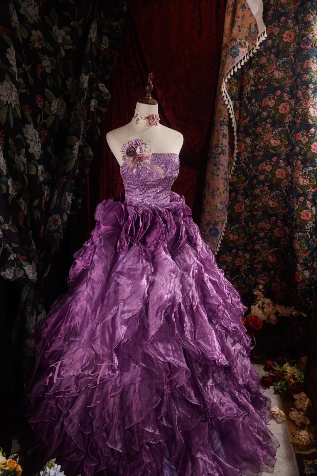 Vintage-Inspired Purple Sequin Strapless A-Line Floral Embellished Strapless Ruffled Ball Gown TP5111