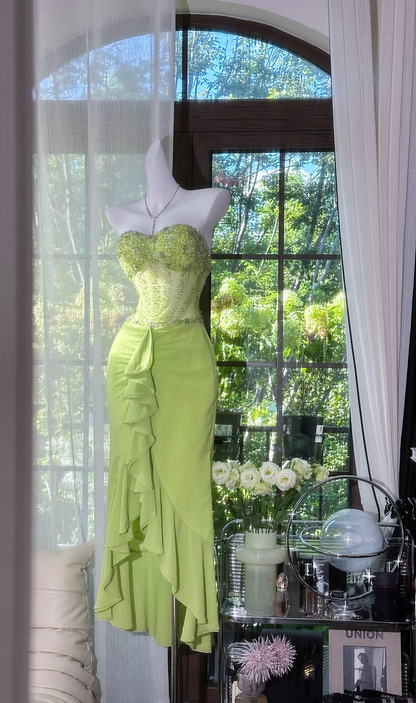 Vintage Lime Green Strapless Sweetheart Mermaid Prom Dress Beaded Ruffle Chiffon Evening Gown with Asymmetrical Hem TP5741