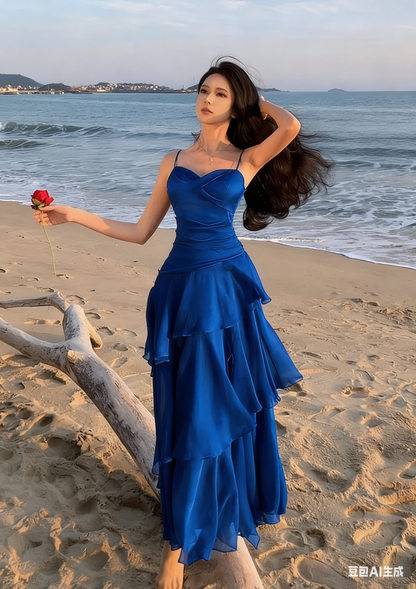 Vintage Sweetheart A-Line Evening Gown Spaghetti Strap Chiffon Tiered Prom Dress TP5144