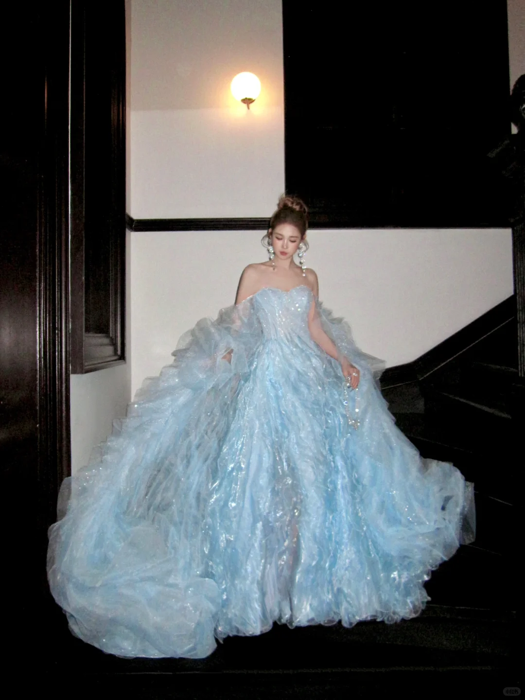 Gorgeous Shiny Light Blue Strapless Design A-Line Tulle Wedding Dress Prom Dress Evening Dress TP4235
