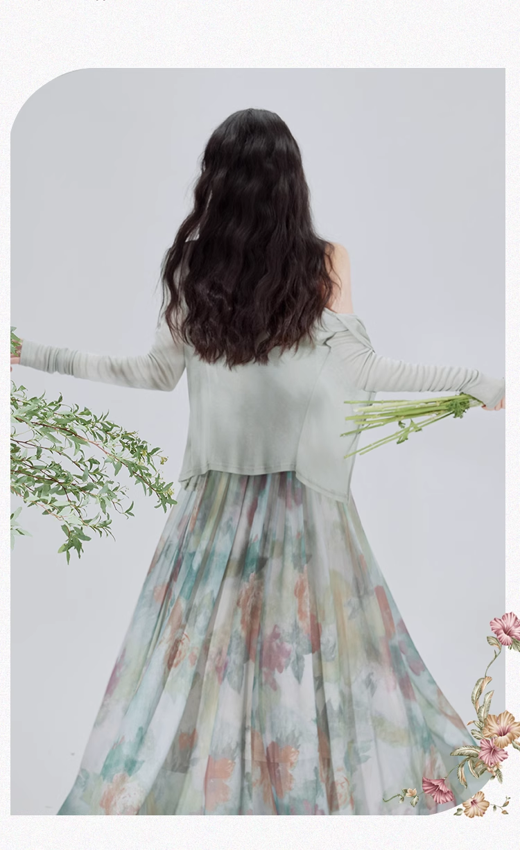 Vintage Fashion Floral Print Design Long-sleeved Cardigan A-line Long Spaghetti Strap Dress TP3335