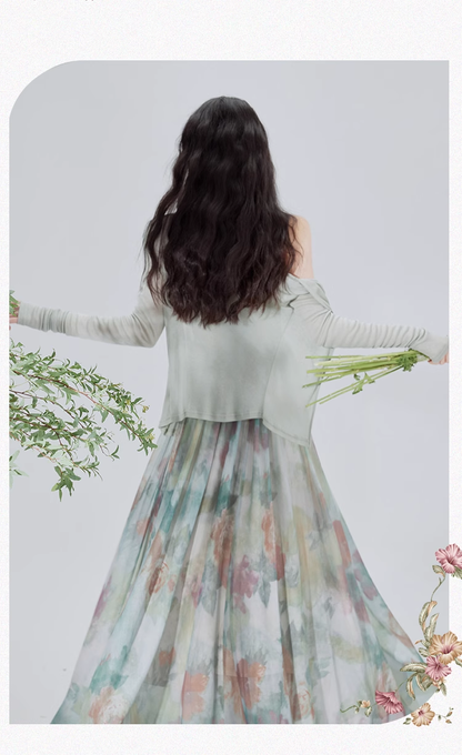 Vintage Fashion Floral Print Design Long-sleeved Cardigan A-line Long Spaghetti Strap Dress TP3335