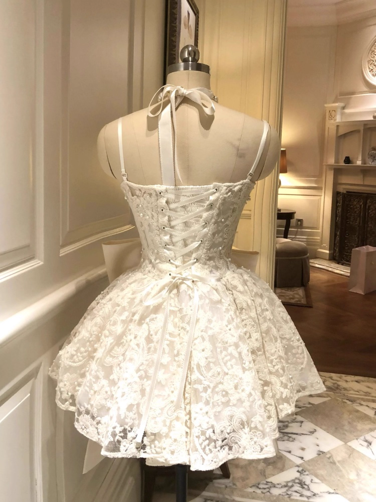 Vintage White Lace Bowknot Design Spaghetti Strap A-Line Homecoming Dress Party Dress Cocktail Dress TP4728