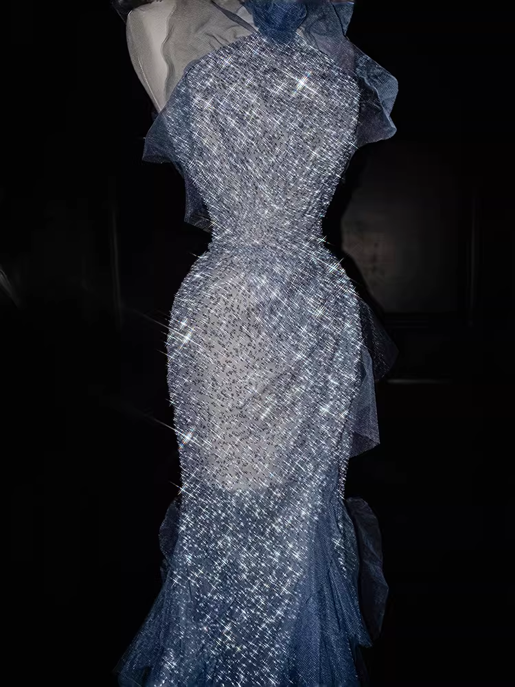 Sparkling Light Blue Sequin Tulle Evening Gown Mermaid Ruffles Prom Dress TP5666