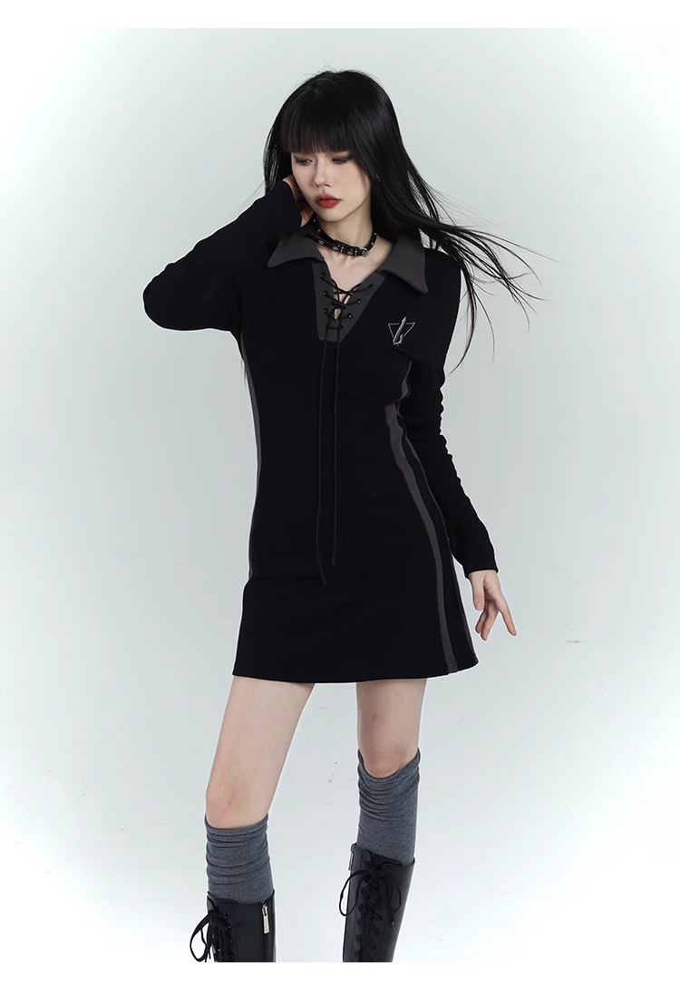 New Fashion Design Sense Short Black Long-sleeved Dress TP2935